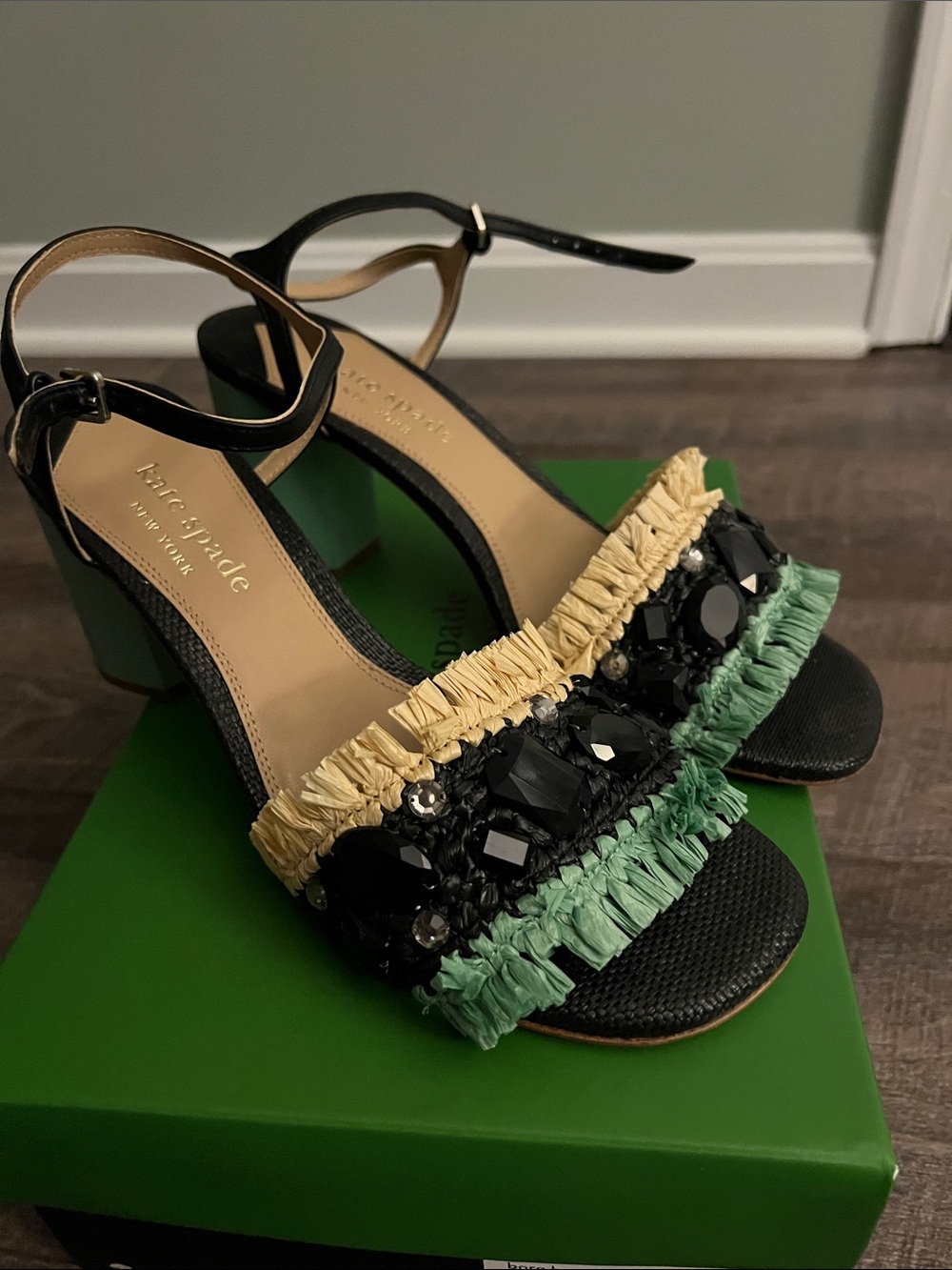 kate spade Black, Green & Cream Beaded Block Heel Sandals